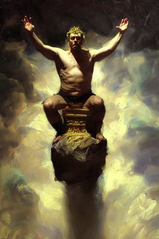 Image similar to beautiful detailed expressive impressionistic oil painting portrait of ancient roman god emperor steve buscemi levitating, ascending into the dark wearing the civic crown, renaissance painting, black background, art by anders zorn, wonderful masterpiece by greg rutkowski, expressive brush strokes, beautiful cinematic light, american romanticism by greg manchess, jessica rossier