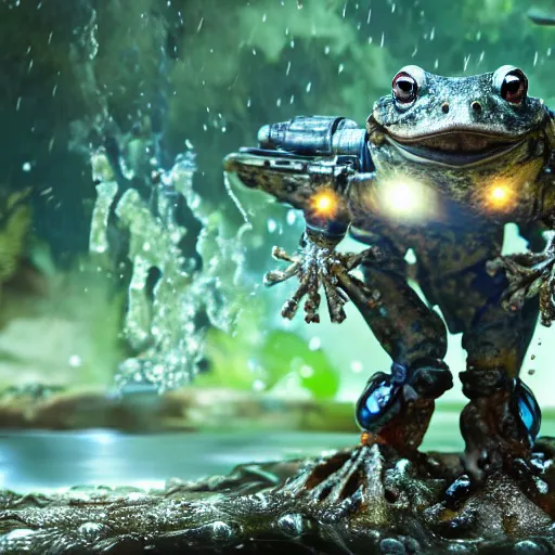 Image similar to amphibious toad mech stepping out of a pond with a lazer rifle dripping water. film still. brightly lit scene. this 4 k hd image is trending on artstation, featured on behance, well rendered, extra crisp, features intricate detail, epic composition and the style of unreal engine, national geographic, bandai box art.