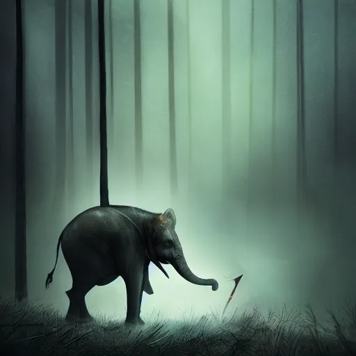 Prompt: digital illustration, fantasy, massive spirit elephant with arrows sticking out of its back, hunting, glowing eyes, pine forest, winter, dark, atmospheric, moody, cinematic lighting, watercolors, deep color, nature documentary, David Attenborough, trending on artstation, intricate detail, hires