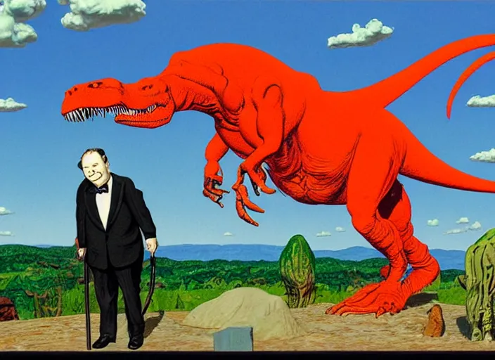 Prompt: Winston Churchill riding a T-Rex, painting by Jean Giraud and René Magritte and Gary Panter and Robert Crumb, claymation in octane