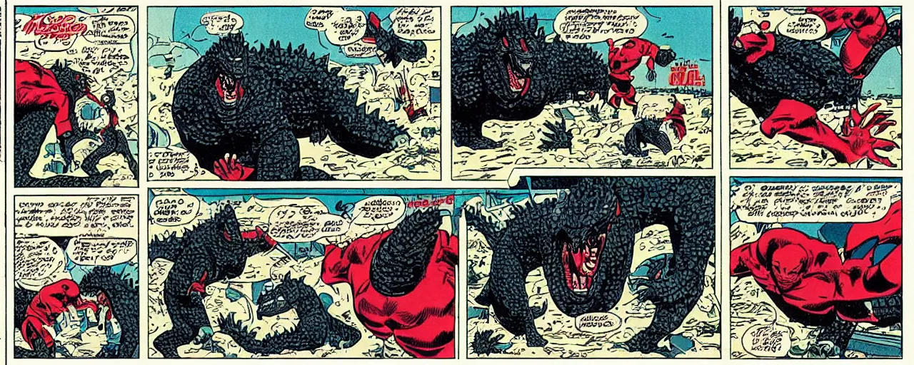 Image similar to godzilla slam dunking baskeball on shaq, marvel comic, 1 9 6 0's style, comic strip