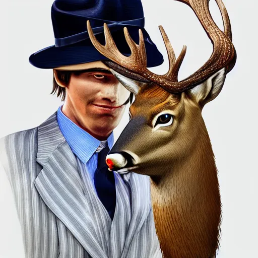 Prompt: a upper body portrait of a deer in a pinstriped suit and pants wearing a fedora with the antlers sticking out of the fedora adjusting his tie by artgerm and wlop, intricate detail, digital art, photorealistic, trending on artstation