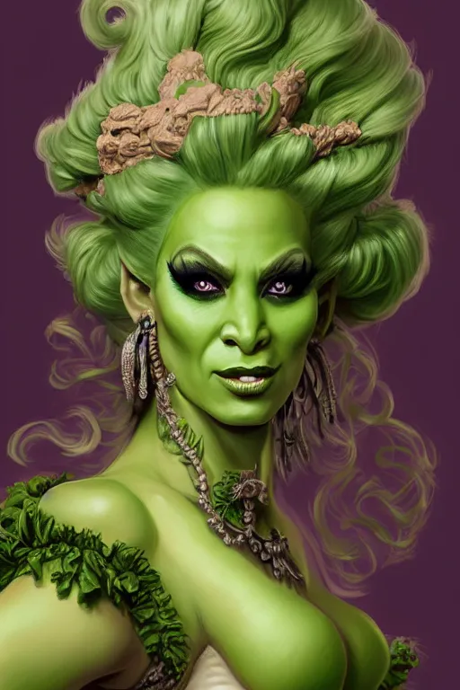 Image similar to d&d character artwork of a green-skinned orc drag queen wearing a frilly rococo ballgown and wearing a huge rococo powdered wig, rococo fashion, D&D, fantasy, highly detailed, digital painting, artstation, smooth, sharp focus, illustration, art by artgerm and greg rutkowski and alphonse mucha