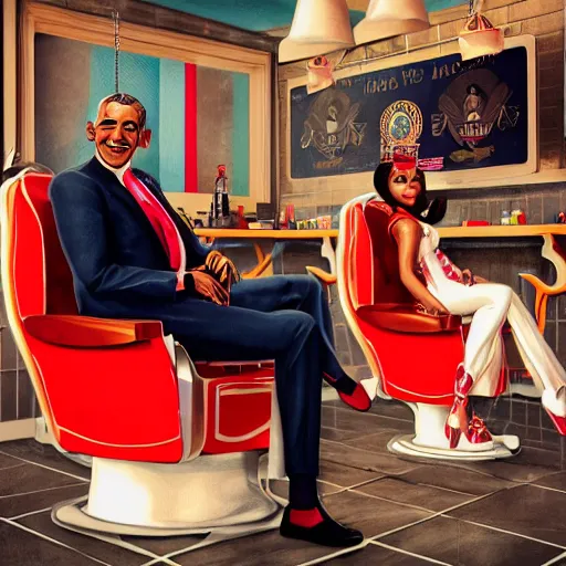 Prompt: illustration of nicki minaj sitting next to barack obama in a 6 0's vintage barbershop in queens, symmetrical, cinematic scene, brownish colors, hyper realistic, highly detailed faces, octane render, trending on artstation