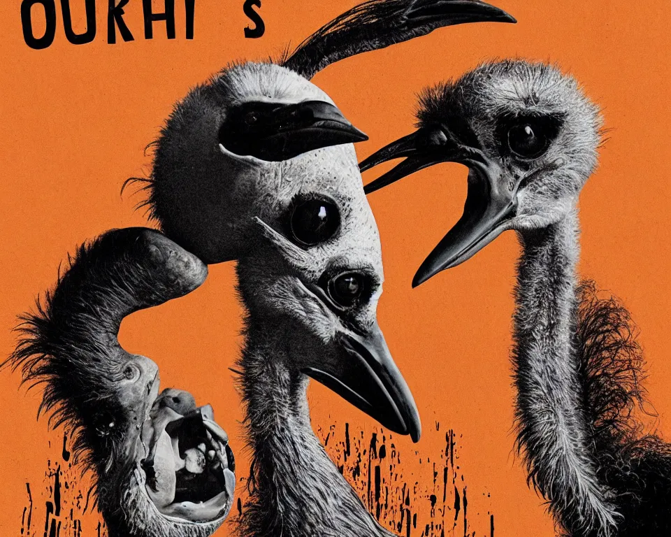 Prompt: a horror movie poster featuring a ostrich hosting a cooking show,