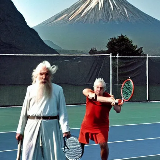 Image similar to Gandalf playing tennis with Sauron in front of Mount Doom.