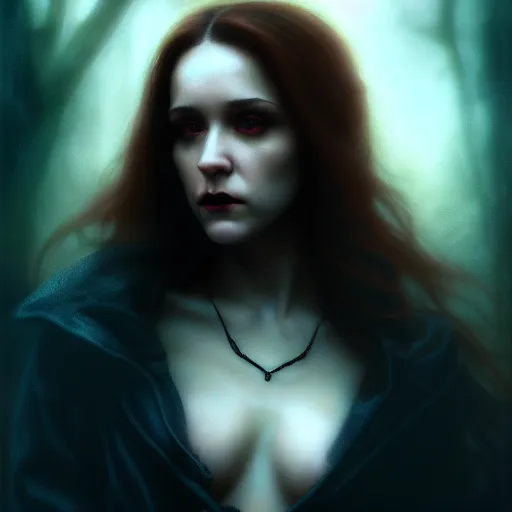 Prompt: Riveting Charismatic brunette female vampire, portrait, atmospheric lighting, painted, intricate, Highgate cemetery, fog, cold, volumetric lighting, beautiful, blue moon light, sharp focus, ultra detailed, by Leesha Hannigan, Ross Tran, Thierry Doizon, Kai Carpenter, Ignacio Fernández Ríos