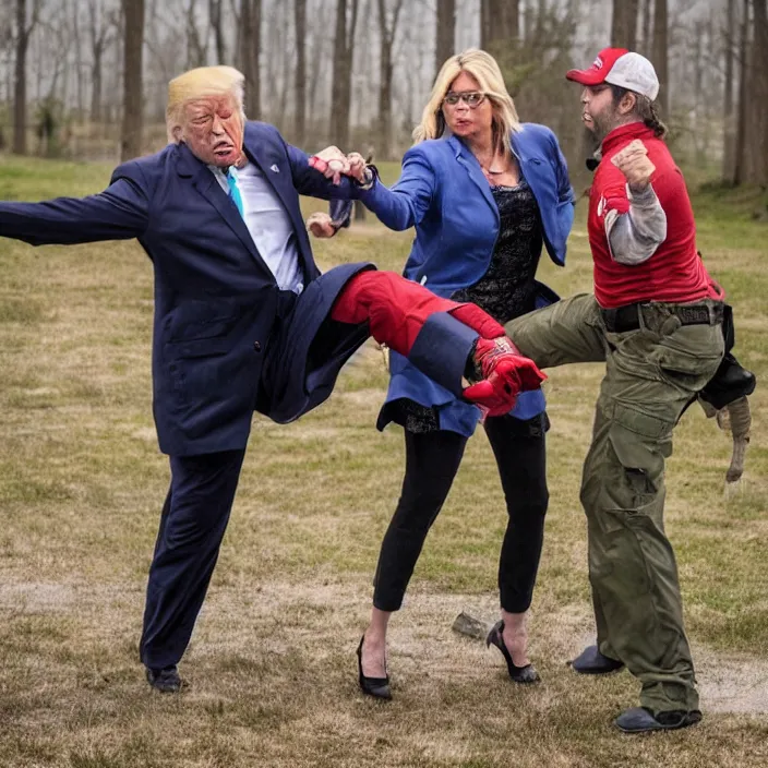 Prompt: liz cheney giving a roundhouse kick to zombie donald trump jr., and his chainsaw wielding sister zombie ivanka. it's raining and maga are confused at the trumps being zombified. professional photography