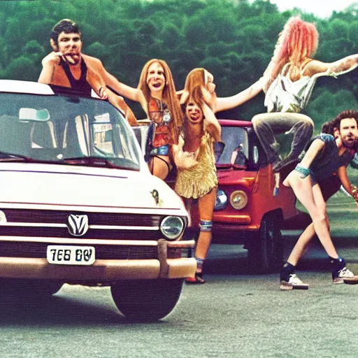 Image similar to backstreet boys and spice girls playing concert together, woodstock 1 9 6 0, old times, hippies, vintage, botanical details, vans, volkswagen