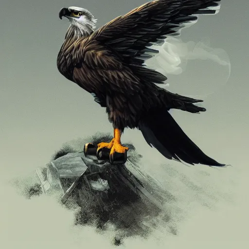 Image similar to A extremely detailed painting of a eagle with night vision goggles on its eyes, standing bird, sharp claws, cloudy, midnight, smoke, ultra high detail digital art, trending on Artstation, unreal engine