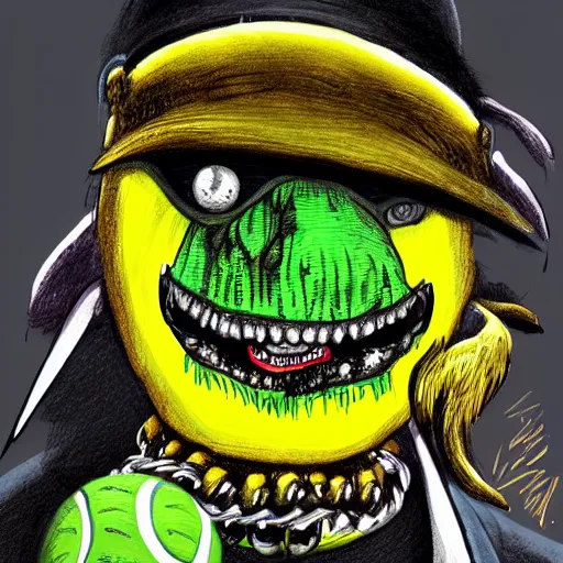 Image similar to a tennis ball monster , balaclava, hip hop, gold chain necklace, diamond teeth, digital art, fantasy, magic, trending on artstation, ultra detailed, professional illustration by Basil Gogos