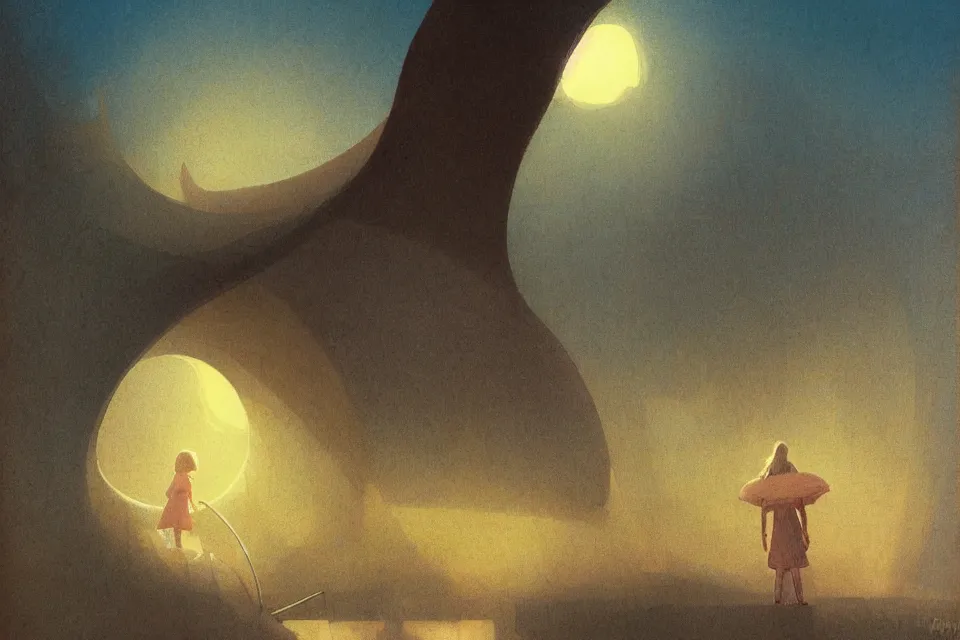 Image similar to atmospheric painting of a giant seashell house, a young girl stands outside, by moebius and john harris, atmospheric, concept art, saturation 2