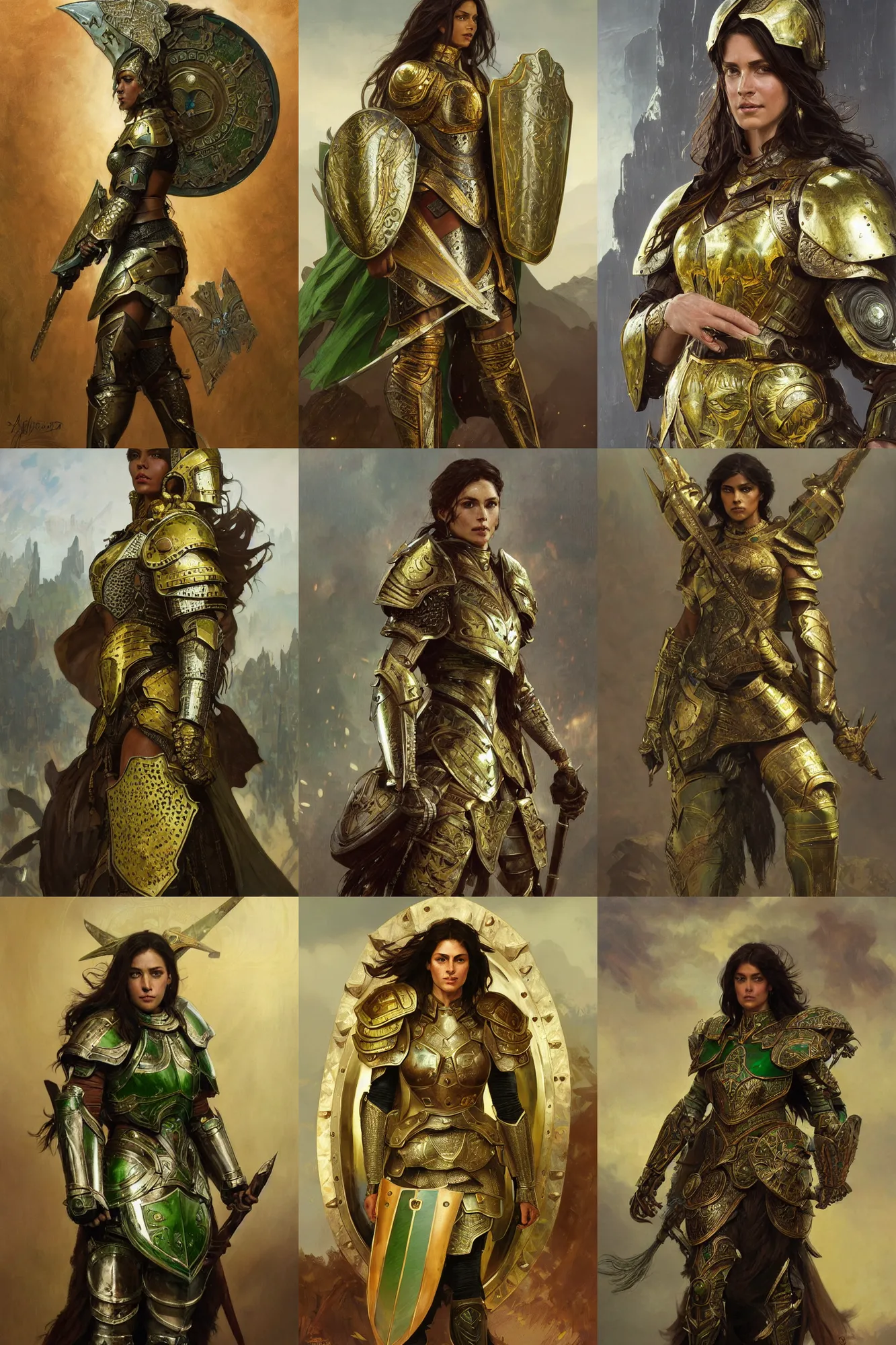 Prompt: full body portrait of a rugged female warrior dark skin medium length brown hair and a very highly detailed face wearing elegant white, green and gold plate mail armor intricately painted, holding a huge shield, very highly detailed, artstation, realistic character concept art, sharp focus, by greg rutkowski, and alphonse mucha