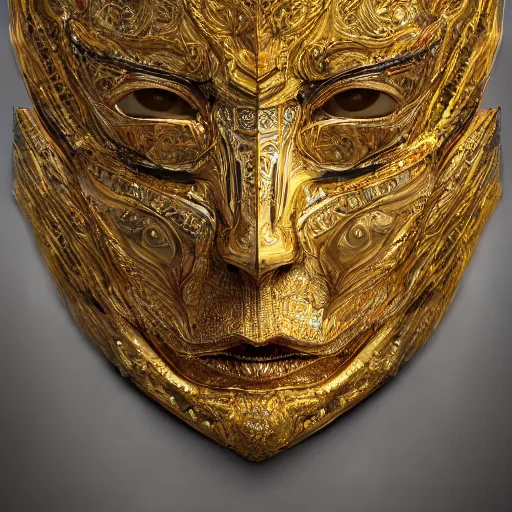 Image similar to Very very very very highly detailed epic central composition portrait of face with venetian mask, golden, intricate, dystopian, sci-fi, extremely detailed, digital painting, artstation, concept art, smooth, sharp focus, illustration, intimidating lighting, incredible art by Tokujin Yoshioka and Anton Pieck