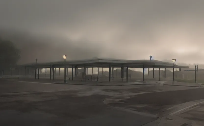 Prompt: a strange exterior of the port byron travel plaza in upstate new york, moody scene directed by charlie kaufman ( 2 0 0 1 ) anamorphic lenses, foggy volumetric light morning, cinematic trending on artstation in the style of greg rutkowski