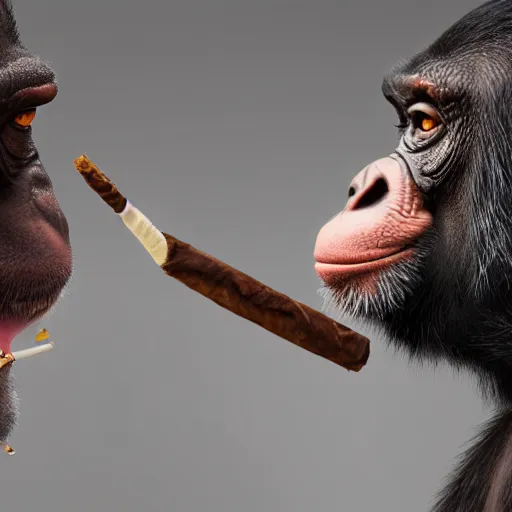 Image similar to a high detail shot of a chimp wearing a suit, smoking a cigar, render, cgsociety, photorealism