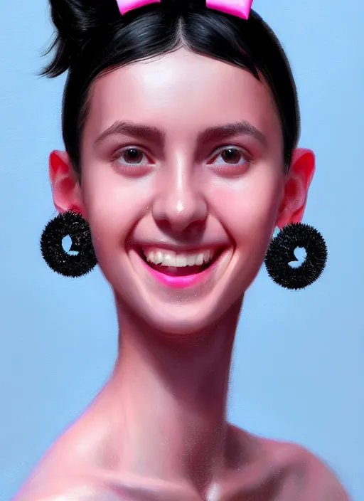 Image similar to portrait of teenage girl, realistic, black hair, bangs, half updo hairstyle, pointy nose, skinny, smile, ugly, defined jawline, big chin, pink hair bow, earrings, intricate, elegant, glowing lights, highly detailed, digital painting, artstation, sharp focus, illustration, art by wlop, mars ravelo and greg rutkowski