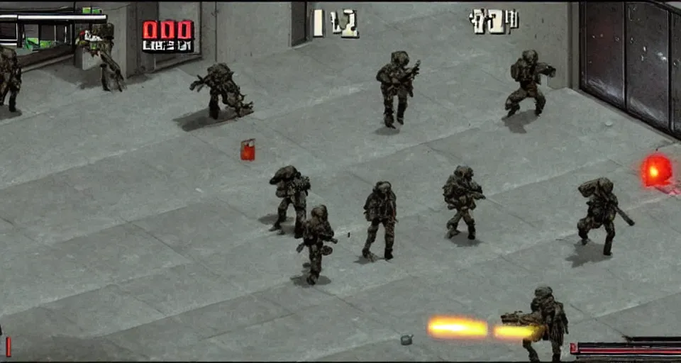 Prompt: 1998 Video Game Screenshot of Neo-tokyo Cyborg bank robbers vs police, Set inside of Parking Garage, Dark, Multiplayer set-piece Ambush, Tactical Squads :10, Police officers under heavy fire, Suppressive fire, Pinned down, Destructible Environments, Gunshots, Headshot, Bullet Holes and Anime Blood Splatter, :10 Gas Grenades, Riot Shields, MP5, AK45, MP7, P90, Chaos, Anime Machine Gun Fire, Gunplay, Shootout, :14 FLCL + Jet Grind Radio, Cel-Shaded:17, Created by Katsuhiro Otomo + Hideo Kojima + Arc System Works: 20