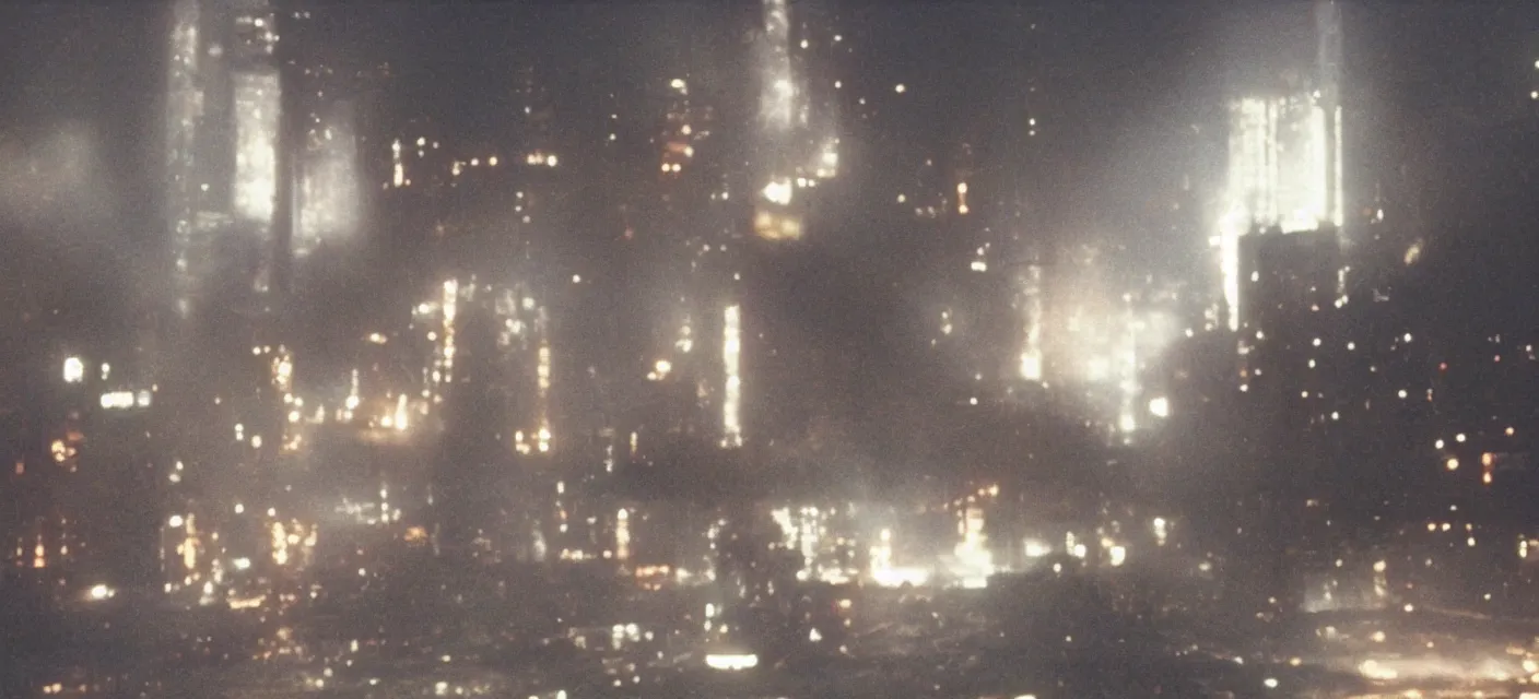 Image similar to C-beams glittering in the dark near the Tannhäuser Gate, still from Blade Runner (1982), Super Panavision 70