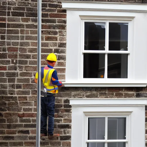 Image similar to many builders inspecting and discussing sash window, dramatic