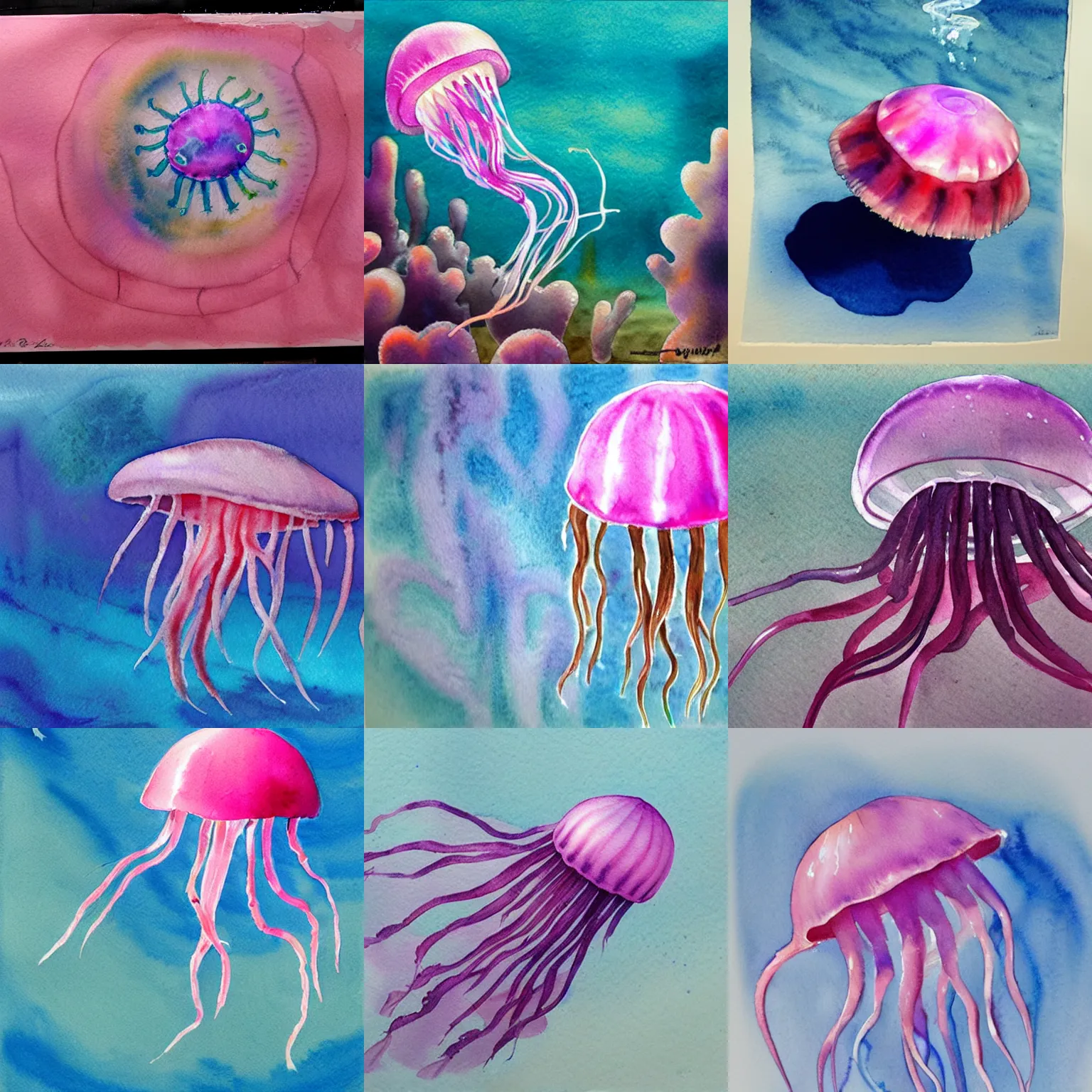 Prompt: a realist watercolor painting of a pink jellyfish underwater, in the style of joseph zbukvic