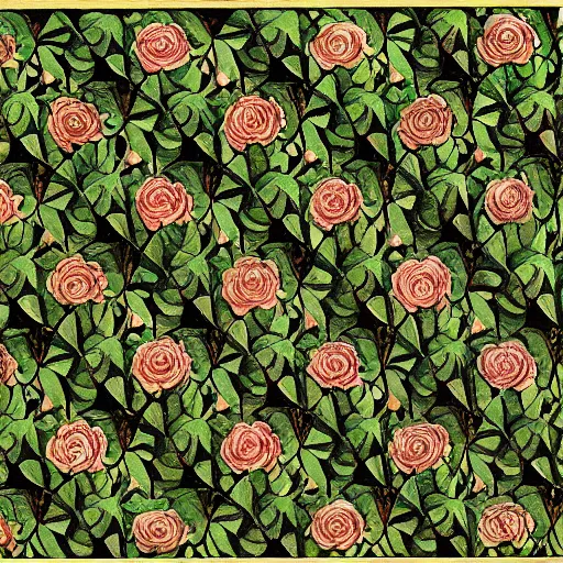 Image similar to green dragon surrounded by tessellation of roses, by mc escher