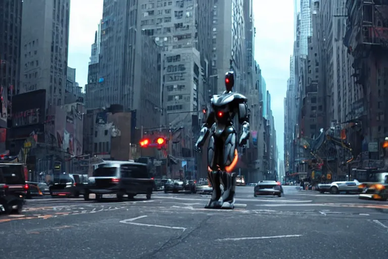 Image similar to VFX movie of a flying dark futuristic robot cyborg superhero with 6 arms levitating on New York street, atmospheric , by Emmanuel Lubezki