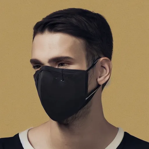 Image similar to professional digital art of a young adult man with a stylish face mask, earrings, and dark clothes, high quality, HD, 8K, highly detailed