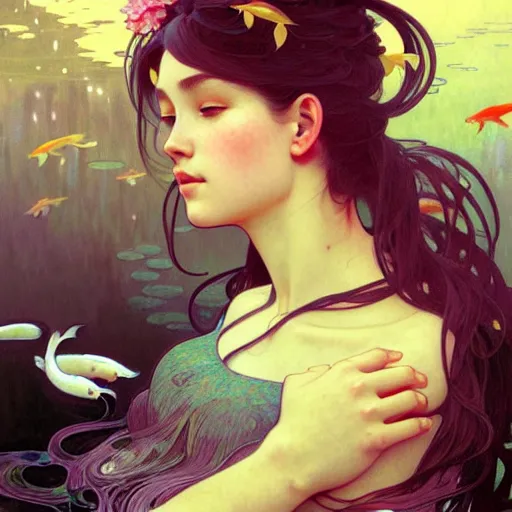 Image similar to Portrait of a girl surrounded by Koi fish, face, fantasy, intricate, elegant, highly detailed, digital painting, artstation, concept art, smooth, sharp focus, illustration, art by Loish and Artem Demura and alphonse mucha