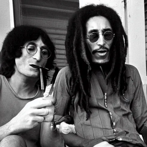 Image similar to john lennon smoking a joint with bob Marley, photograph by Willy Spiller, 1970s