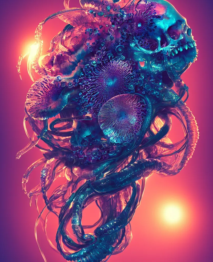 Image similar to goddess close-up portrait animal skull. jellyfish phoenix head, nautilus, orchid, skull, betta fish, bioluminiscent creatures, intricate artwork by Tooth Wu and wlop and beeple. octane render, trending on artstation, greg rutkowski very coherent symmetrical artwork. cinematic, hyper realism, high detail, octane render, 8k