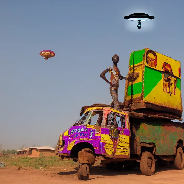 Image similar to UFO hovering over an African Jesus , colourful, in the style of Nigerian truck art (Eagle & Snake, Kano),