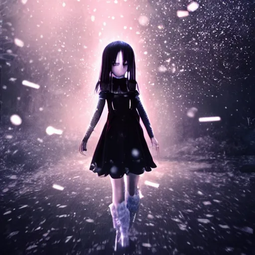 Image similar to photorealistic full body shot of masterpiece angry darkness android anime girl, beautifull lovely eyes, electric aura with particles, snowing frozen ice, darkness background, inspired by tim burton, detailed, unreal engine 4 k, volumetric light, fog