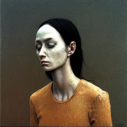 Prompt: portrait of 31 years old girl, painting by Beksinski