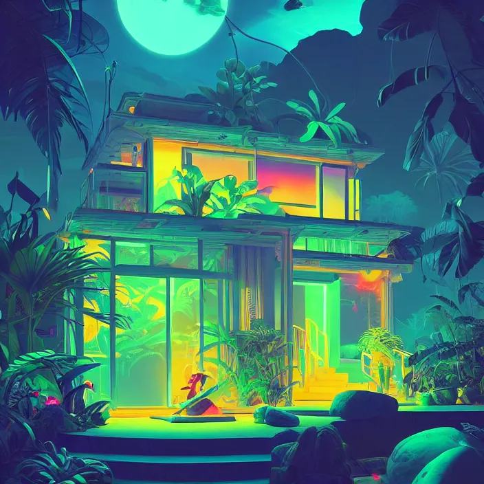 Image similar to a bioluminescent neon tropical cottage by paolo eleuteri serpieri and tomer hanuka and chesley bonestell and daniel merriam and tomokazu matsuyama, unreal engine, high resolution render, featured on artstation, octane, 8 k, highly intricate details, vivid colors, vector illustration