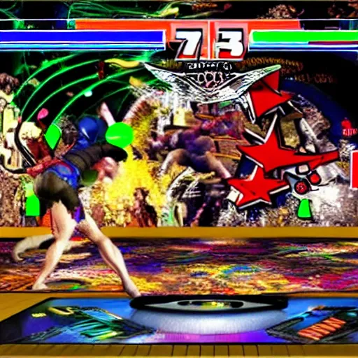 Prompt: Stoopid arcade battle game with a broken screen old school tekken fighter Tekken 7 Tekken 3 combo psx graphics.