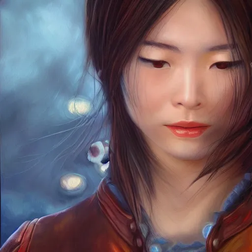 Image similar to perfect, realistic oil painting of close-up japanese young woman wearing leather jacket, in World of Warcraft