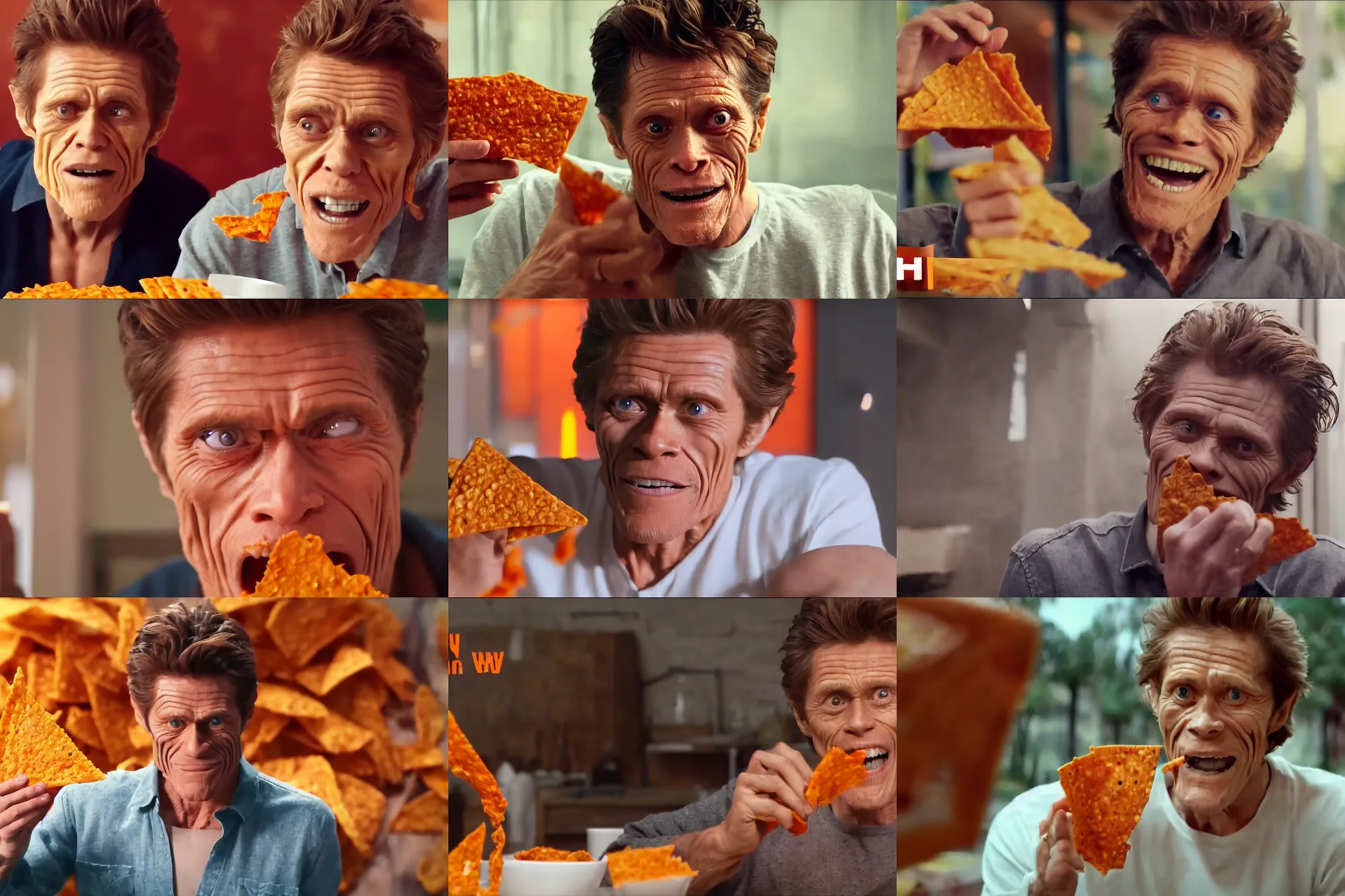 Prompt: willem dafoe drinking dorito juice happily, viral advertisement, english text, food commercial 4 k