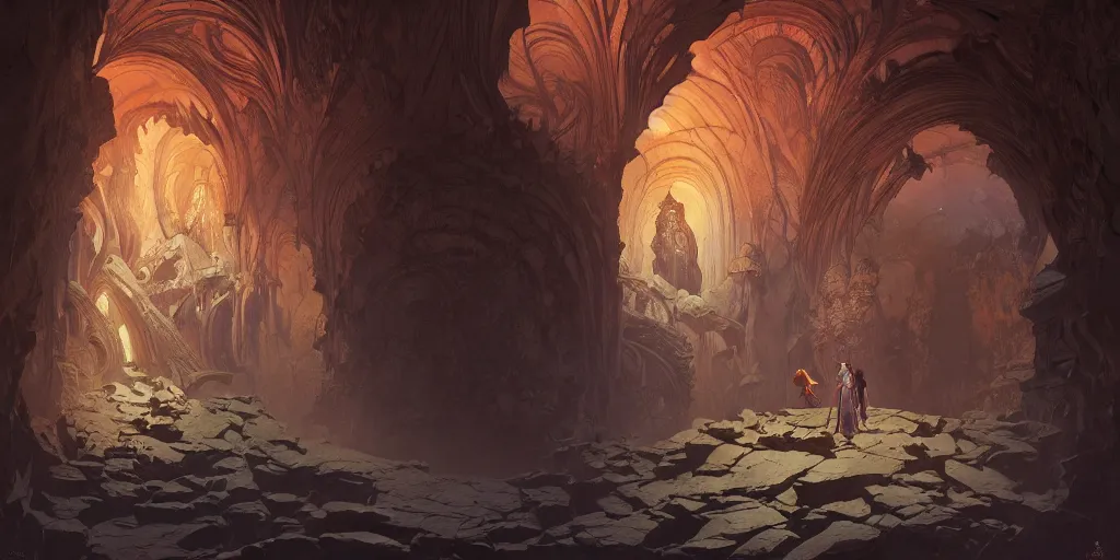 Prompt: dark sacred spaces, cave, intricate, highly detailed, digital painting, artstation, concept art, smooth, sharp focus, illustration, Unreal Engine 5, 8K, art by artgerm and greg rutkowski and alphonse mucha, by Jesper Ejsing, by RHADS, Makoto Shinkai and Lois van baarle, ilya kuvshinov, rossdraws