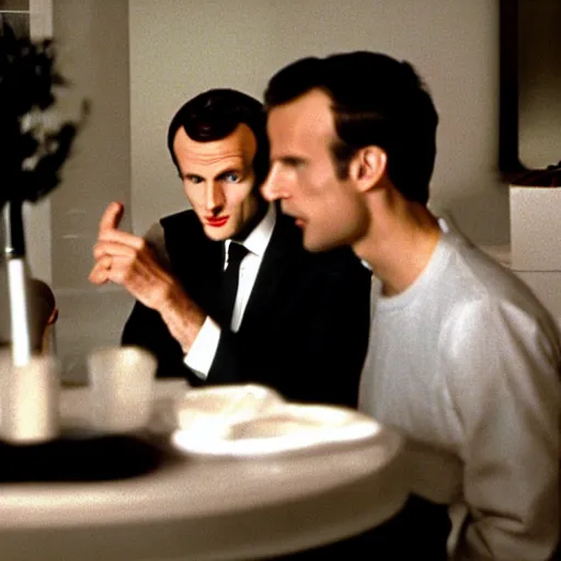 Image similar to Emmanuel Macron eating humans in American Psycho (1999)