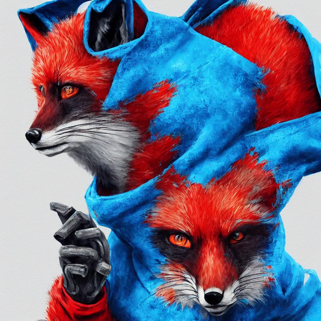 Image similar to a close-up profile shot of a red fox in a blue hoodie on the white background holding a notebook in one paw and typing with another paw, a hacker group badge on the hoodie sleeve, stroke painting, cyberpunk style, digital art picture, highly detailed, artstation