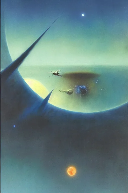 Image similar to emissary space by arthur haas and bruce pennington and john schoenherr, cinematic matte painting, dark color palate, blue hour, james terrell art,