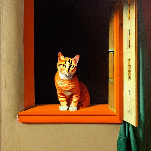 Image similar to a painting of an orange cat staring profoundly into the window, a detailed painting by johannes vermeer, behance, american scene painting, dutch golden age, detailed painting, academic art
