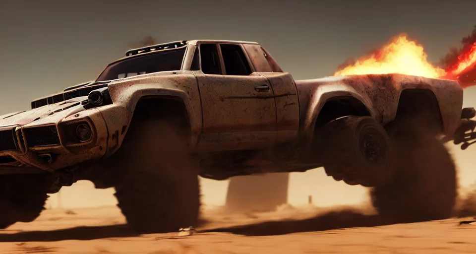 Image similar to macro closeup photo of combat teslatruck being chased in a post apocalyptic fallout 4 desert, 3 pm, smoke, dust, embers, mad max, action, speed, rocket league, volumetric lighting, hdr, need for speed, gta 5, ridley scott, syd mead, craig mullins, cinematic, fast and furious, blade runner, octane, 8 k