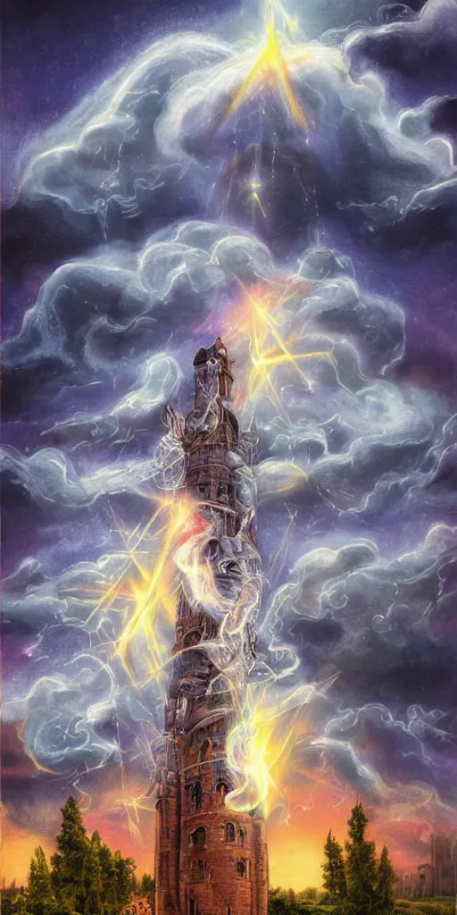 Prompt: the tower tarot card, airbrush sky realistic stormcloud with glimpses of flares