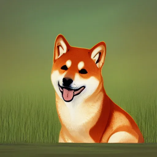 Prompt: The profile of a Shiba Inu sitting in the field, shining golden in the setting sun, illustration, trending on artstation, highly detailed