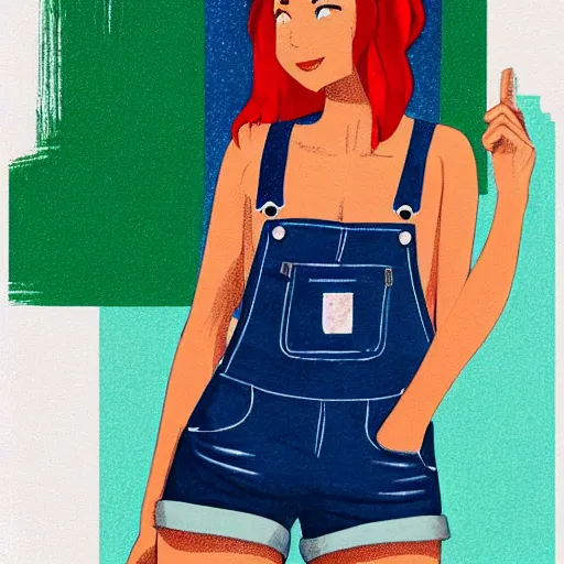 Prompt: full body portrait, attractive Female adventurer, soft eyes and narrow chin, dainty figure, single strap paint covered overalls, short shorts, combat boots, raining, basic white background, crisp lines and color,