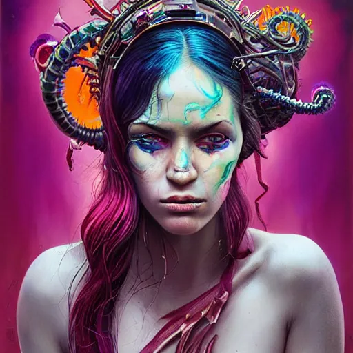 Prompt: art portrait of a furious girl with purple tentacles on her head,8k,by tristan eaton, Stanley Artgermm,Tom Bagshaw,Greg Rutkowski,Carne Griffiths,trending on DeviantArt, face enhance,hyper detailed ,full of colour,