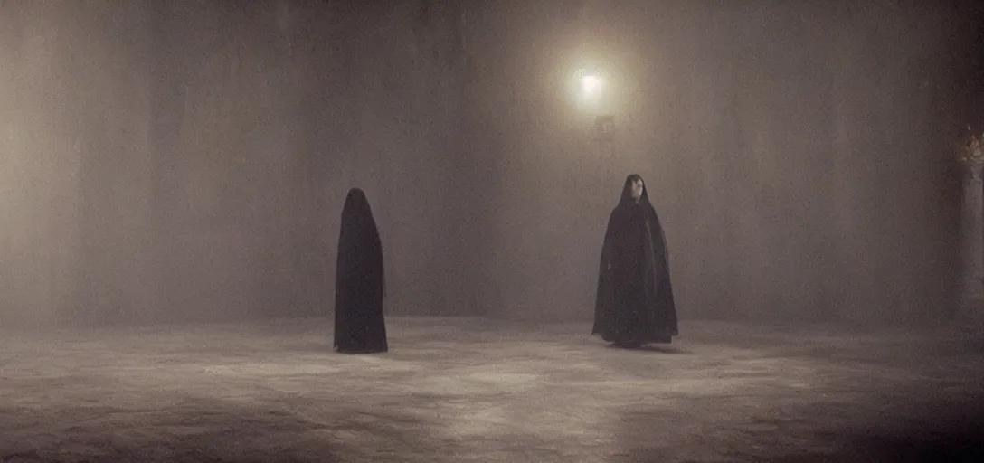 Image similar to prince of darkness waking from his coffin, foggy, cinematic shot, photo still from movie by denis villeneuve, wayne barlowe