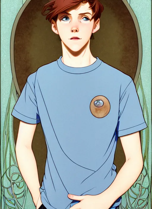 Image similar to art nouveau portrait of a teen boy with completely straight auburn hair, light blue eyes, pale skin, freckles, sad expression, t - shirt, modern casual clothing, natural lighting, path traced, highly detailed, high quality, cartoon, digital painting, by don bluth and ross tran and studio ghibli and alphonse mucha